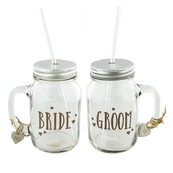 Love Story Mason Jar Drinking Glasses Set 2 'Bride & Groom'