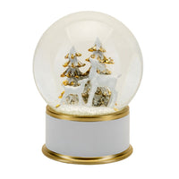 Reindeer Scene White and Gold Musical Snowglobe